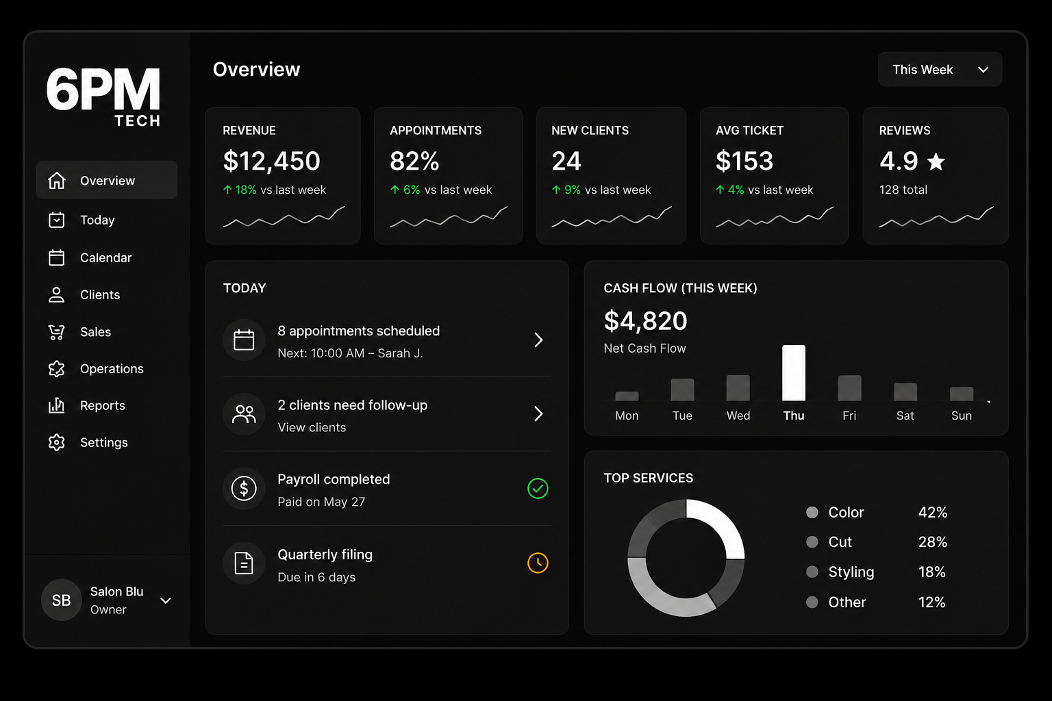 6PM Tech business dashboard showing appointments, revenue, tasks, cash flow, and services
